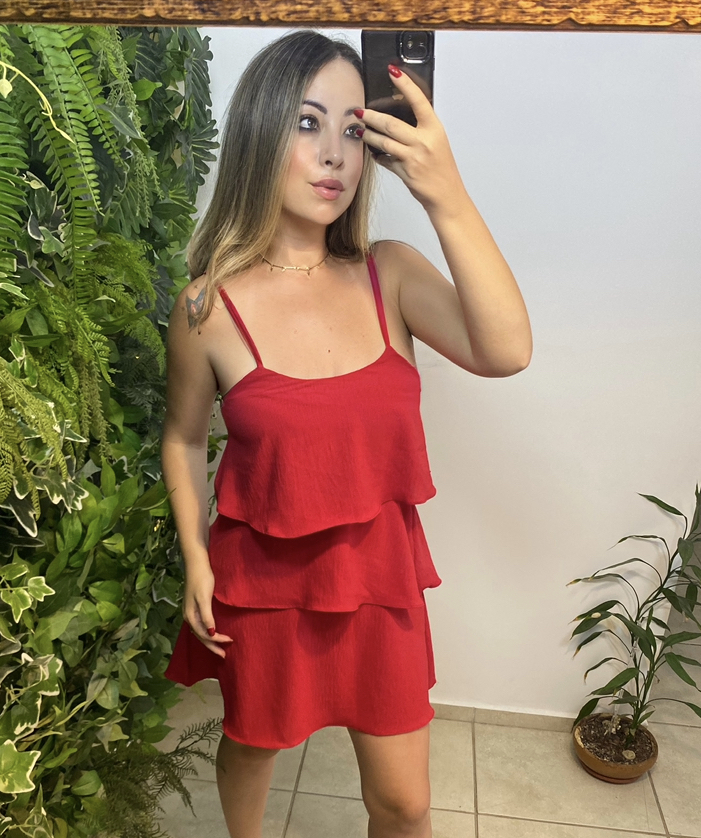 Vestido curto Ana 3 babados vermelho de alça fina