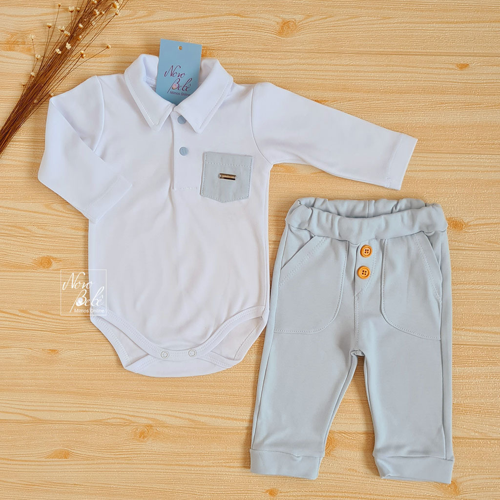Conjunto Bebe Body Polo e Calca Algodao Egipcio Urso Polar Vini Azul