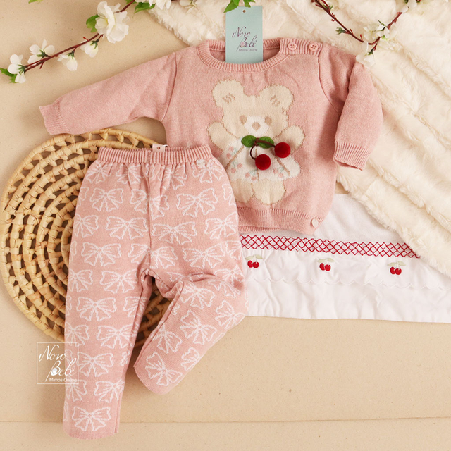 Conjunto Bebê Menina Urso Laço Branco/Rosa