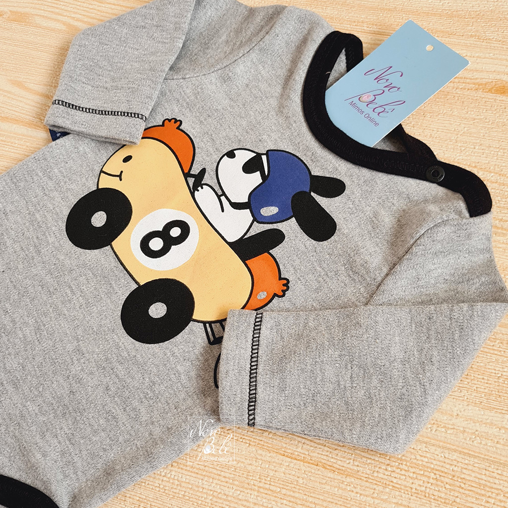 Conjunto Bebe Body e Calca Estampada Cachorrinho Lincol Cinza com Preto