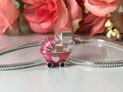 Promoção Berloque Charms Prata Maciça 925 Carrinho Bebe Rosa