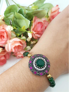 Pulseira Ajustável Verde Pedra Verde Rosa Prata Turca 925