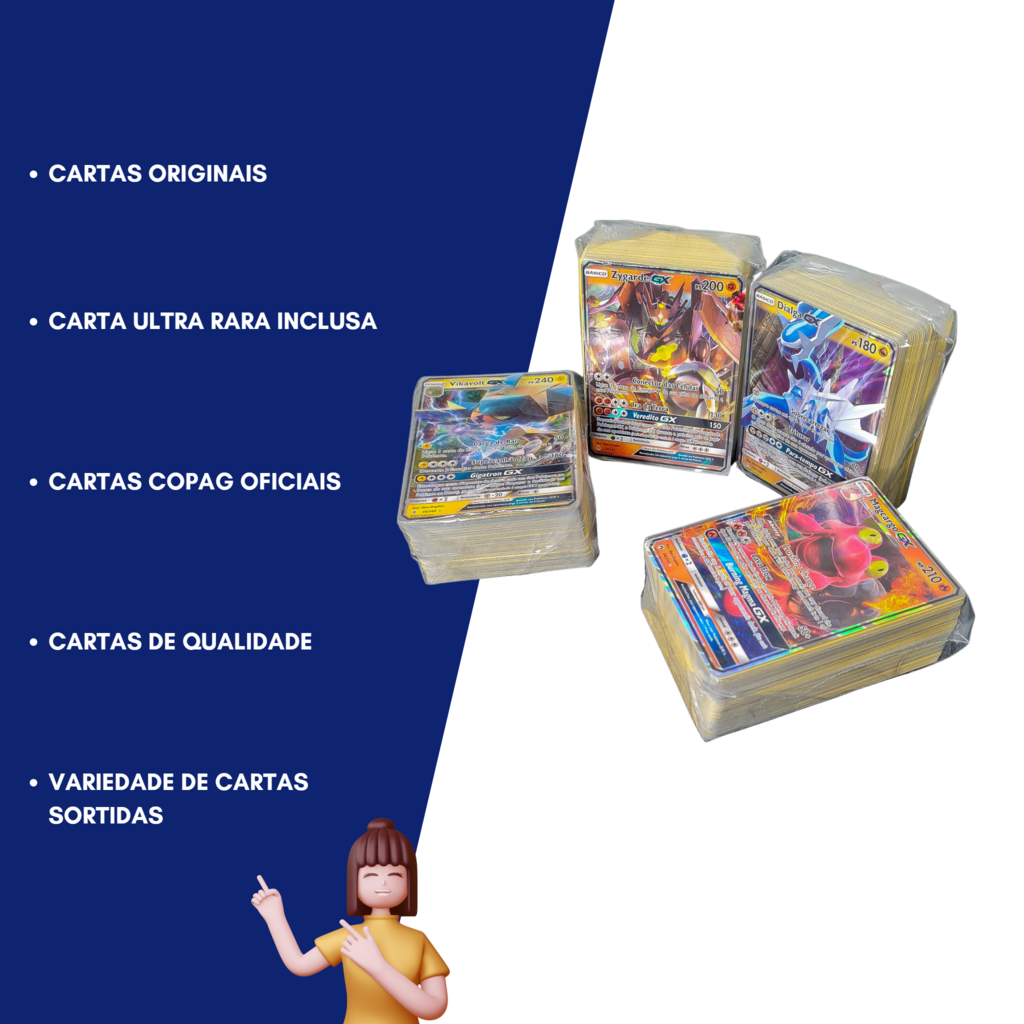 Carta Pokémon Ultra Rara + 30 Cartas Originais Copag em Promoção