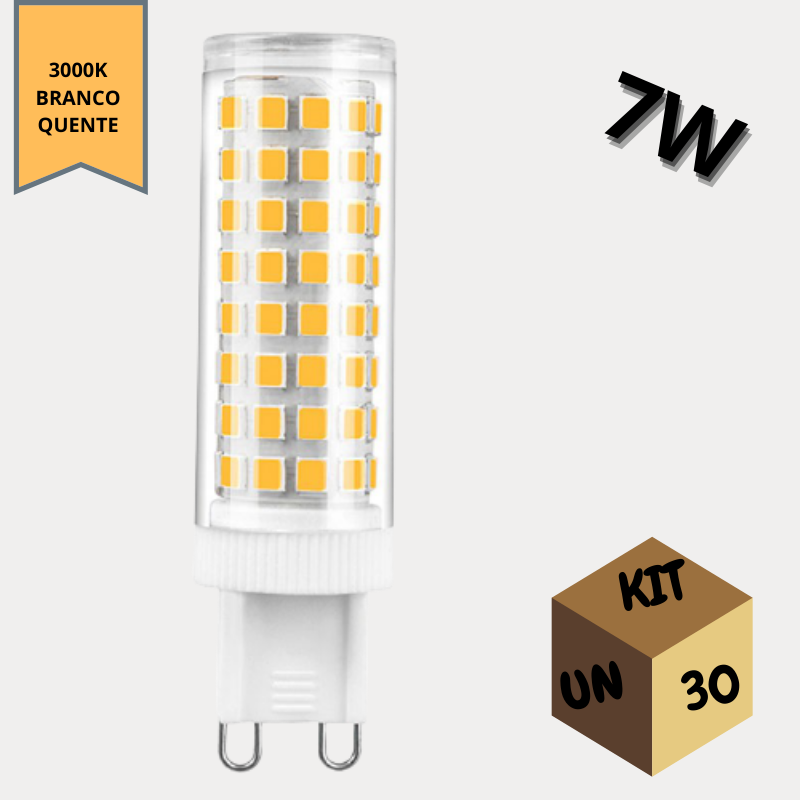 Kit 30 Lâmpadas de Led G9 7w Branco Quente(3000K) P/Lustres e Arandelas