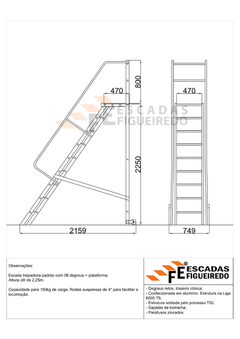 Escada Trepadeira 8+1 - 2,25m - 150kg - Escada Plataforma de Alumínio Padrão