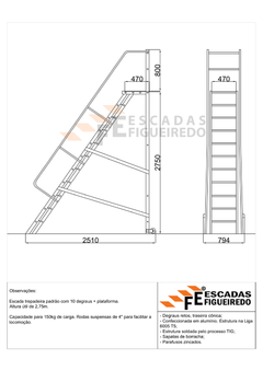 Escada Trepadeira 10+1 - 2,75m - 150kg - Escada Plataforma de Alumínio Padrão
