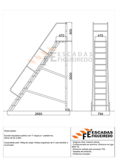 Escada Trepadeira 11+1 - 3,00m - 150kg - Escada Plataforma de Alumínio Padrão