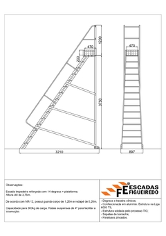 Escada Trepadeira 14+1 - 3,75m - 300kg - Escada Plataforma de Alumínio Reforçada NR12