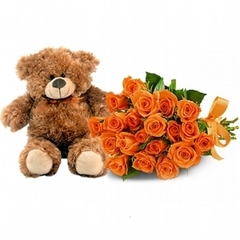 Bouquet 24 Orange Roses and Bear