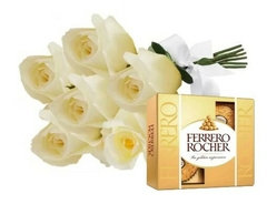 Six White Roses and Ferrero Bouquet