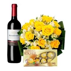 Buque 12 Rosas Amarelas, Vinho Chileno Tinto e Ferrero Rocherquei