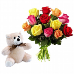 Bouquet Twelve Beautiful Colored Export Roses and Teddy Bear