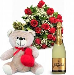 20 Red Roses Bouquet, Spanish Sparkling Wine, and Passionate Bear Plush