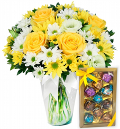 Vase of Mixed Flowers and Italian Chocolates