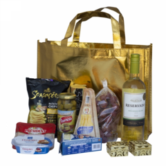 Bolsa Felices Fiestas y Vino Blanco Cabernet.