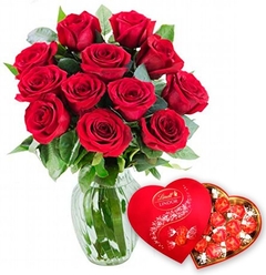 Vase with 12 Luxurious Colombian Roses and Heart-Shaped Tin with 16 Lindt Lindor Chocolates