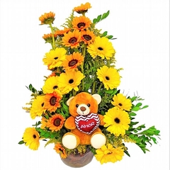 Gerberas, Sunflowers, and Teddy Bear