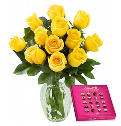 Vaso Luxuosas 12 Rosas Amarelas e Lindt