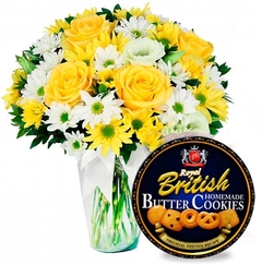 Vase with Mixed Flowers and Royal British Butter Cookies