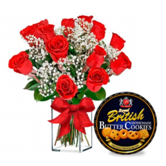 Vase Twelve Luxurious Colombian Roses and Cookies Butter