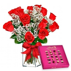 Vase of 12 Luxurious Export Roses and Lindt Pralines