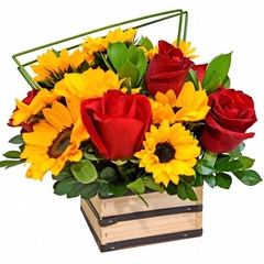 Arrangement of Red Roses and Sunflowers