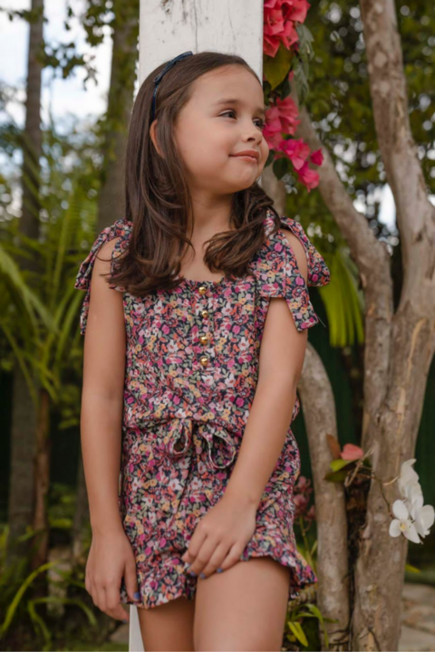 Conjunto Romper Flora Xadrez Rosa - TRÉSS KIDS