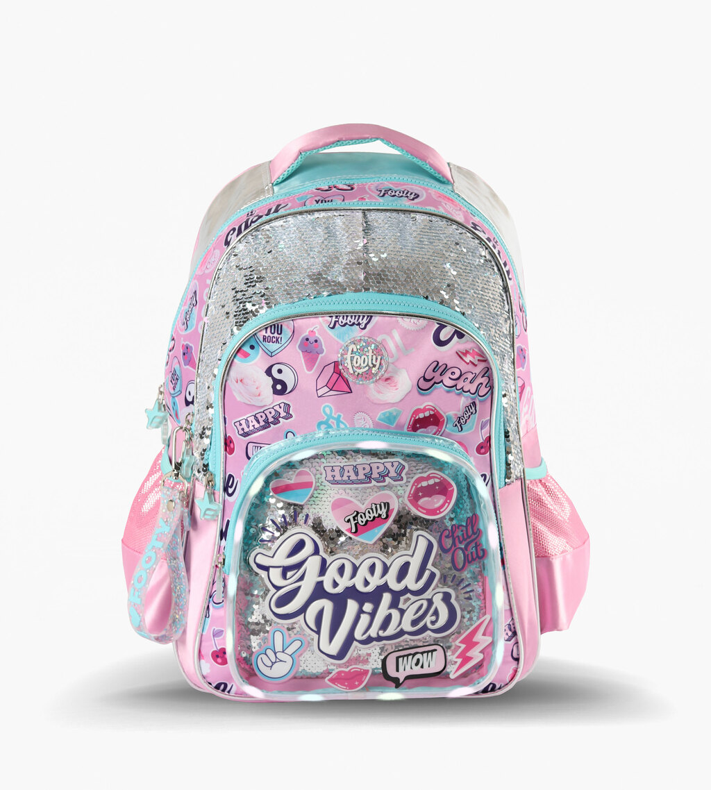MOCHILA ESPALDA 18 GOOD VIBES ROSA CON LUZ LED