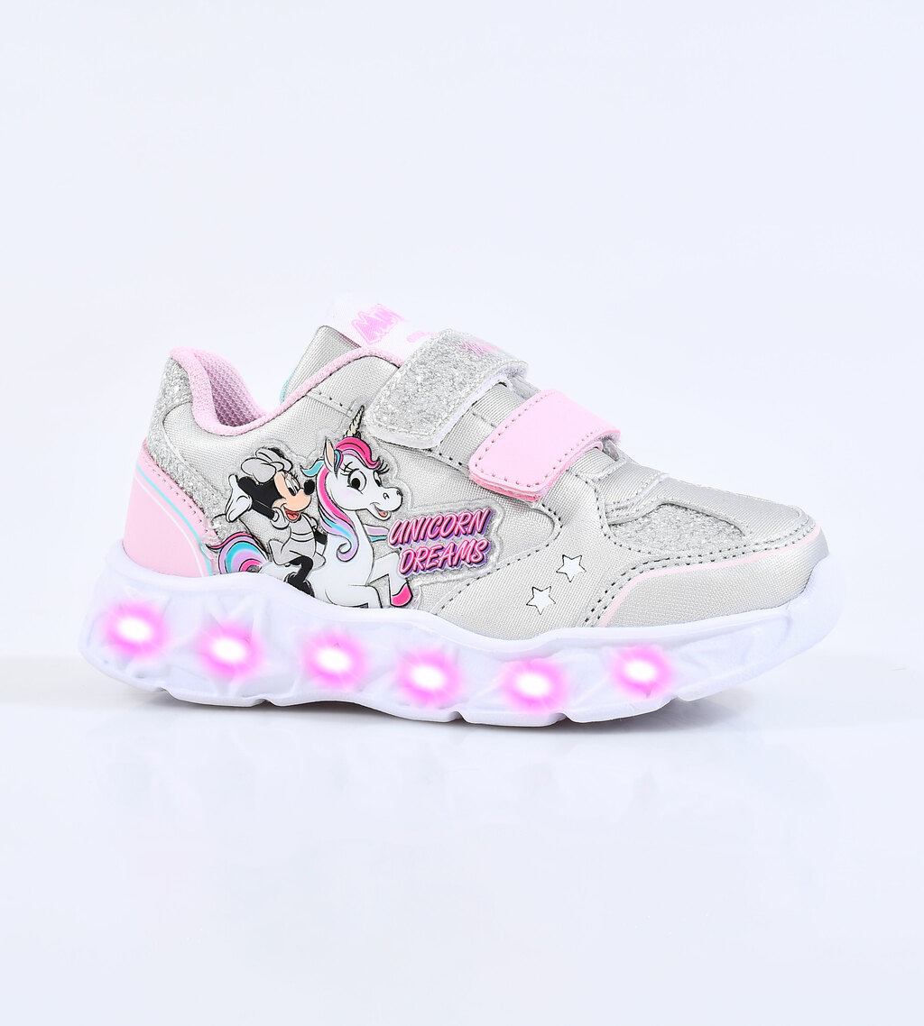ZAPATILLAS MINNIE UNICORN WORLD PLATEADA CON LUZ AL PISAR T.22 26