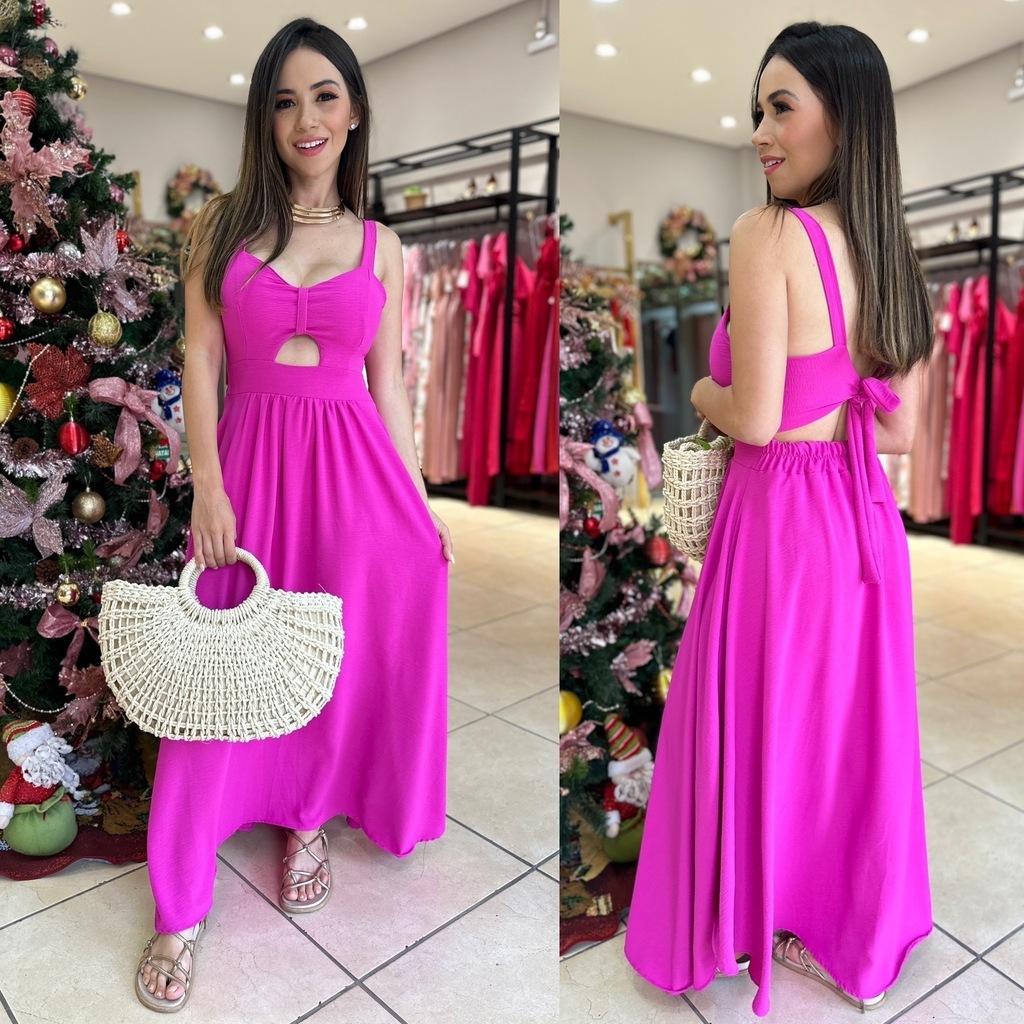 Vestido Midi Xadrez Rosa Claro com Decote e Mangas Bufantes - Alice