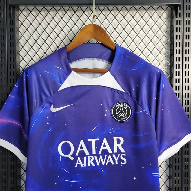 camisa psg paris 2023 2024 roxa e azul treino