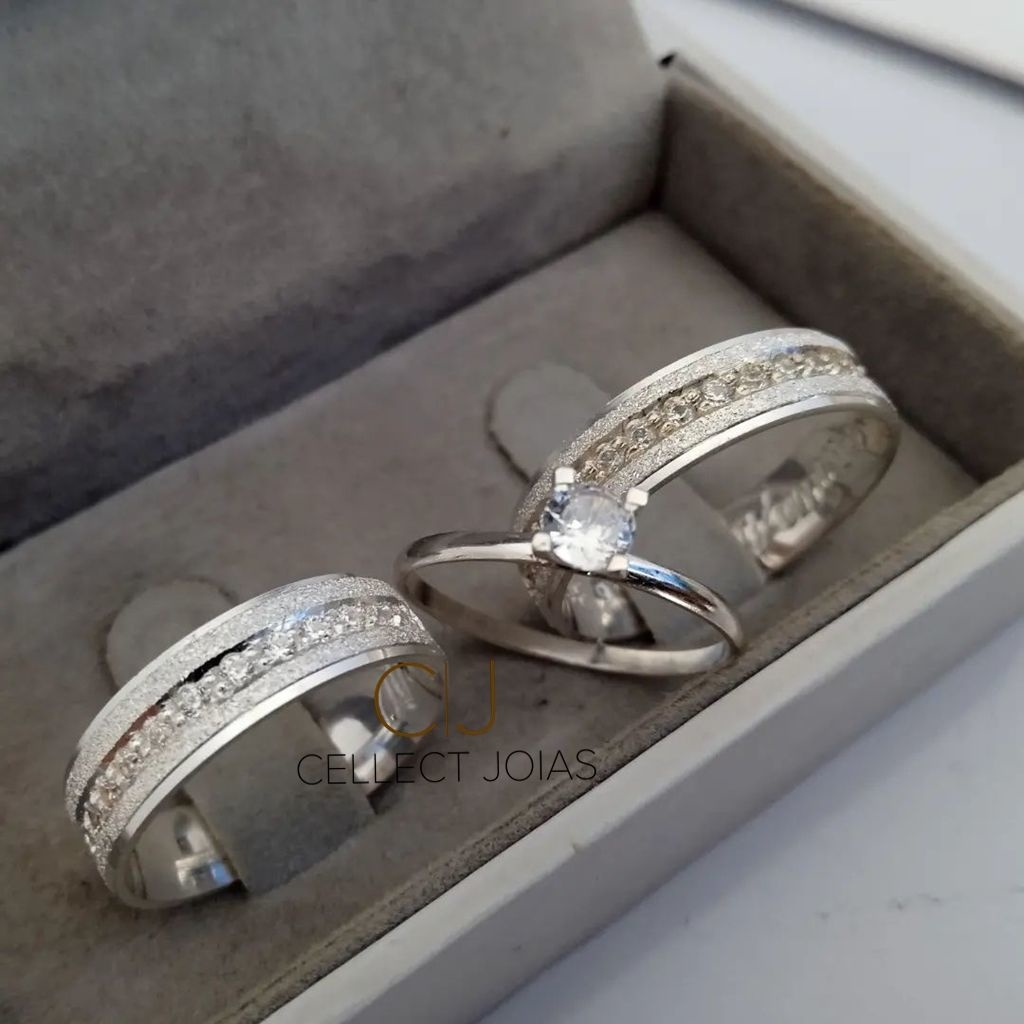 Aliança de Namoro Prata Diamantada com Pedras + Anel CJ439