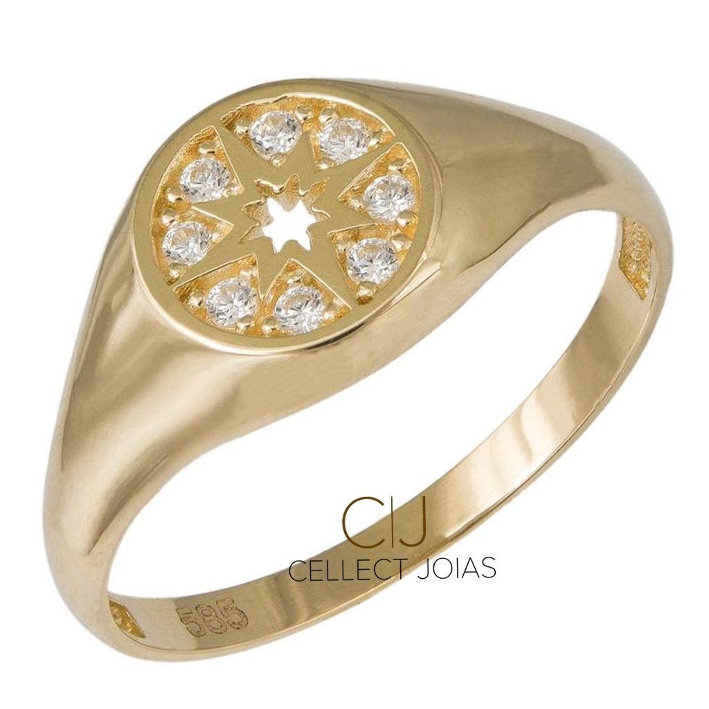 Anel de Ouro Estrela com Diamantes Polida 2,4g CJ291