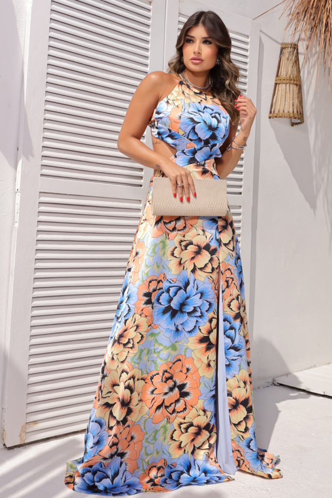 Vestido de store cetim longo estampado