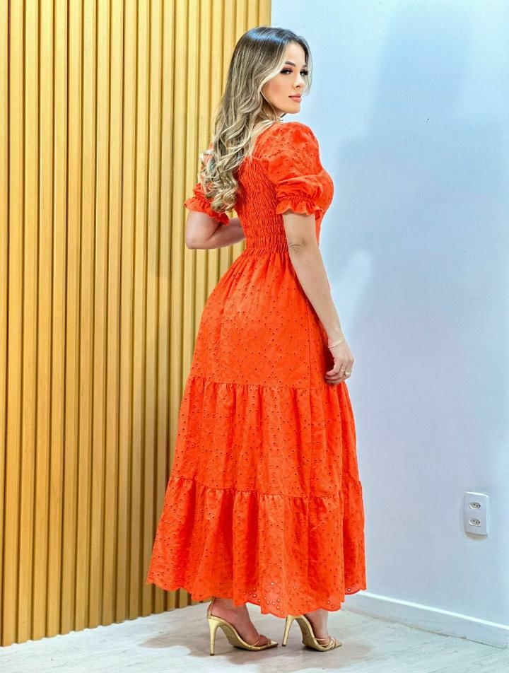 Vestido Longo em Lese, manga princesa bufante 100% algodão (Laranja)