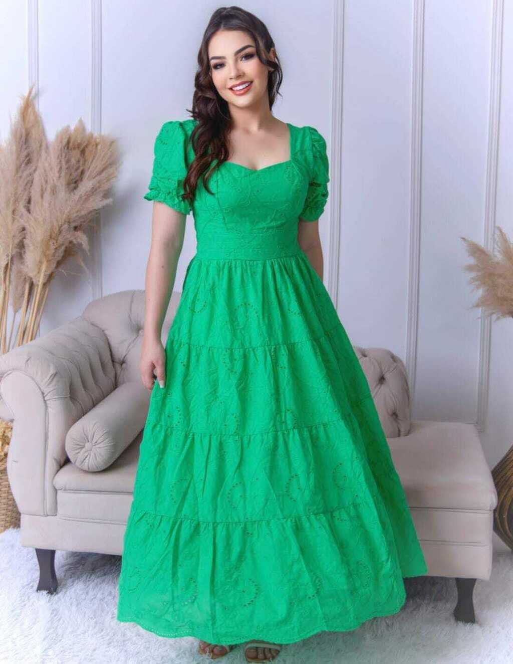 Vestido Longo em Lese, manga princesa bufante 100% algodão (Verde)