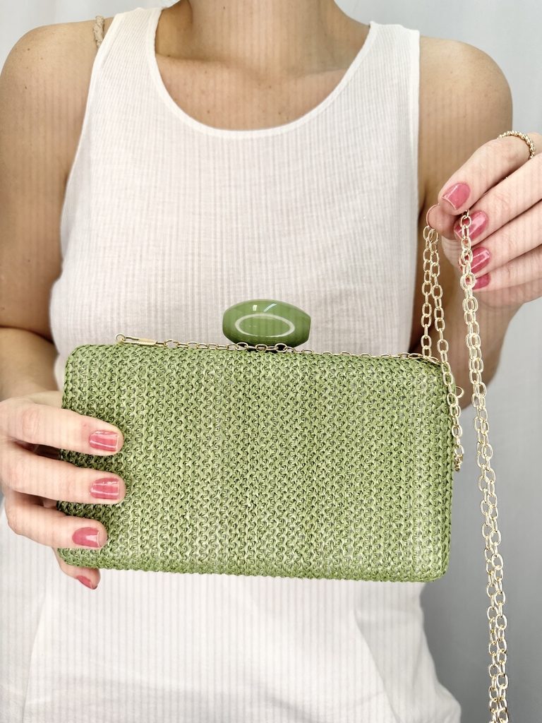 CLUTCH PALHA FECHO RESINA OVAL VERDE CLARO