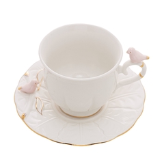 Xícara de Chá C/ Pires Porcelana Birds Rosa (unidade) - Toko Artesanato e Decorações
