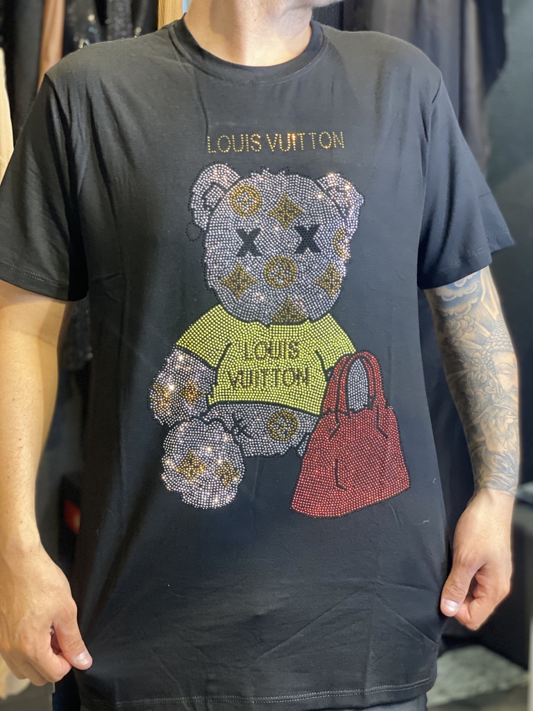 Camiseta Louis Vuitton Preta com urso em strass Malha Chinesa