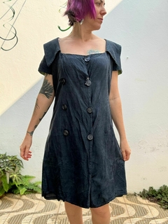 Vestido social gola U com manga curta azul * G