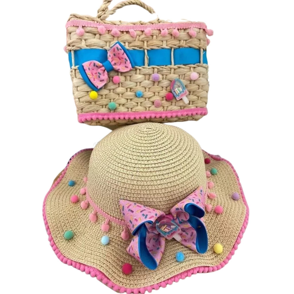 Kit Praia Infantil: Chapéu + Bolsa de palha - Granulado Colorido