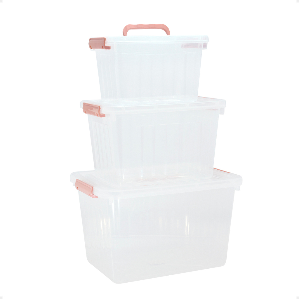 Caja Organizadora Plastica Transparente de 24 Litros Apilable con Trabas y  Manijas.