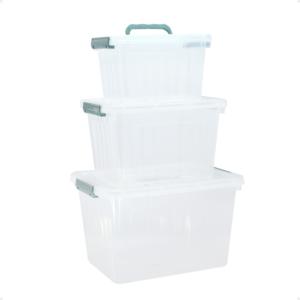 Set X3 Cajas Organizadoras Plasticas Transparentes de 6 L, 12 L, y 24 L con  manijasy trabas.