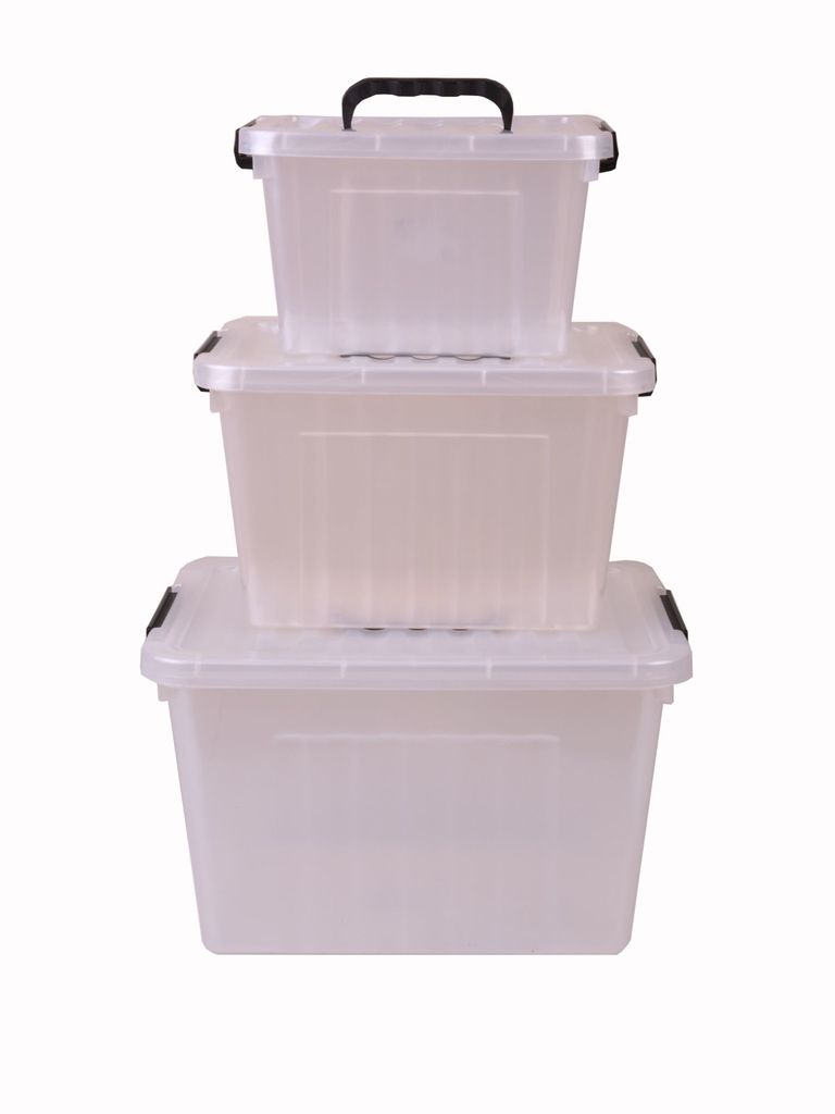 Set X3 Cajas Organizadoras Plasticas Transparentes de 6 L, 12 L, y 24 L con  manijasy trabas.