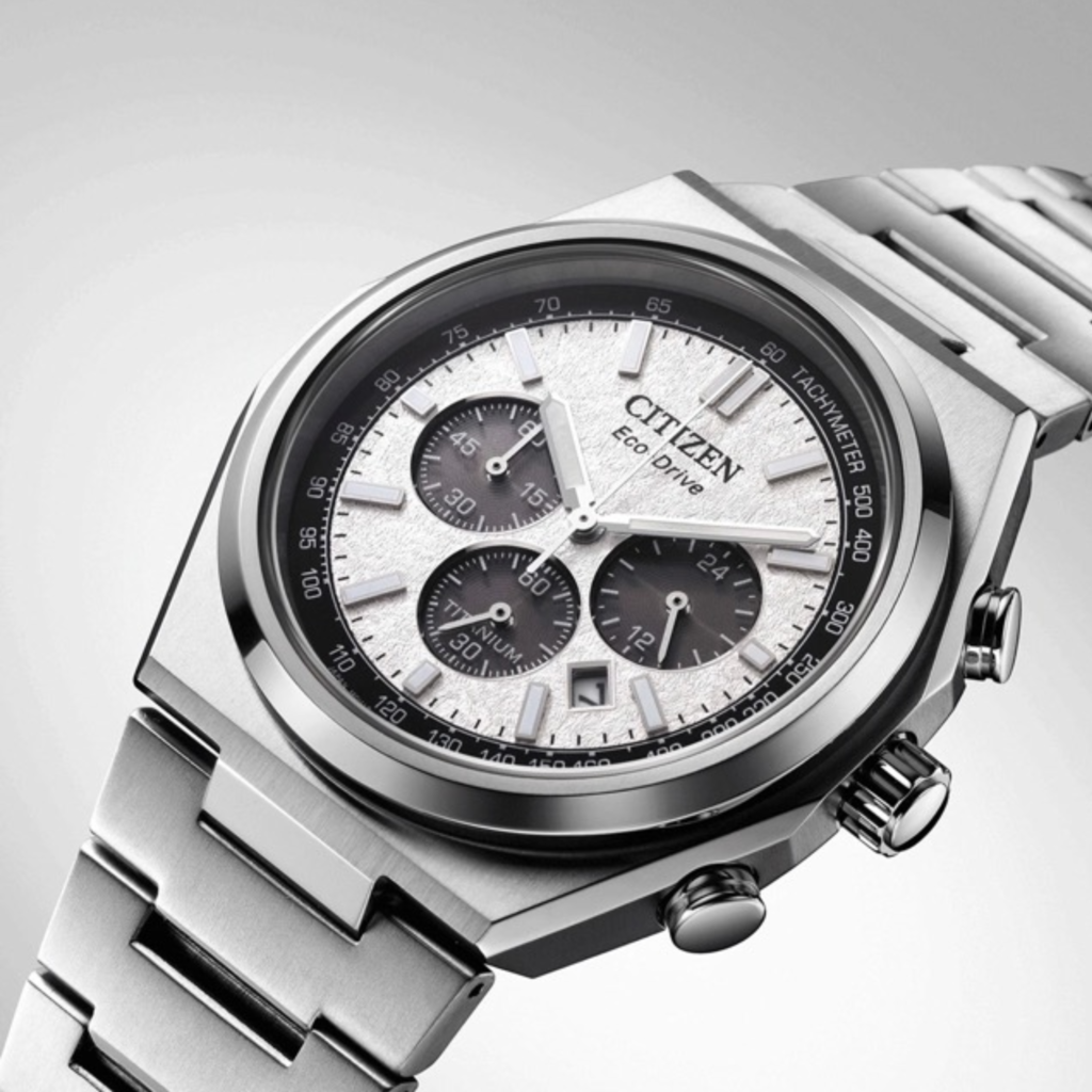 Citizen Eco Drive Zenshin Chrono Silver Dial Super Titanium Bracelet Watch 42.5mm CA4610 85A