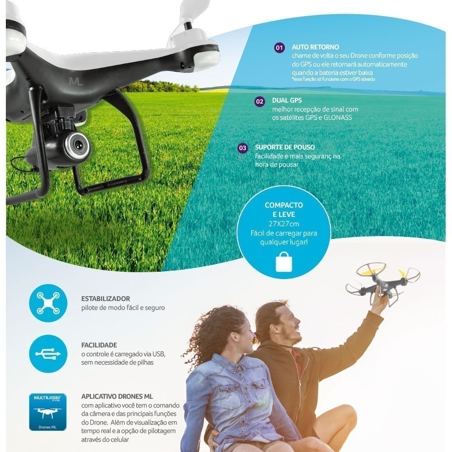 Drone Fenix GPS Fpv Câmera Full HD De 5MP Branco Multilaser - ES204