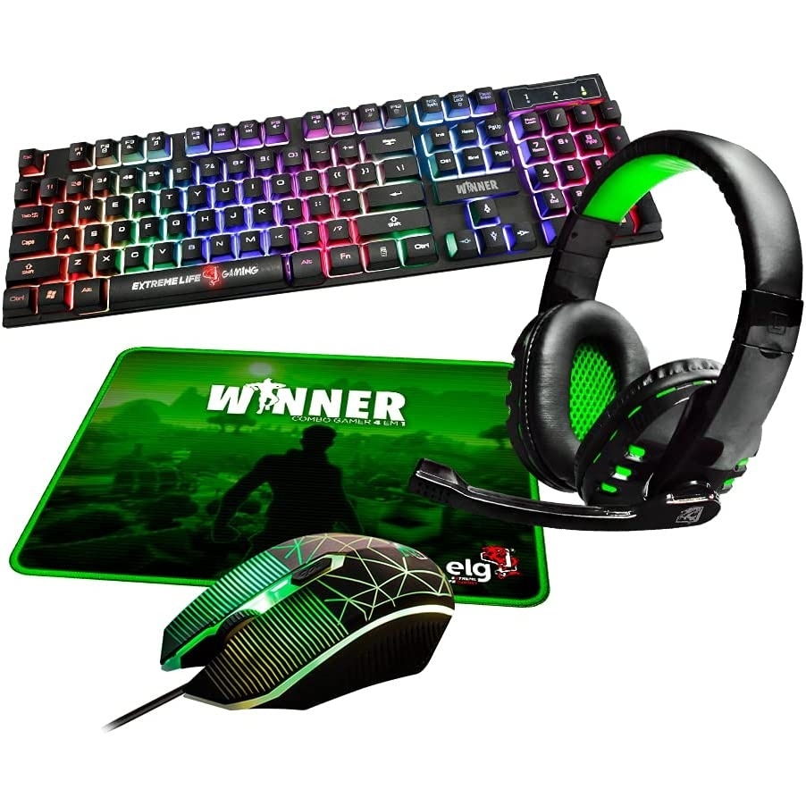 Combo Gamer 4 em 1 Winner Teclado Mouse Headset Mouse Pad Preto e Verde  #CGWN41 Elg