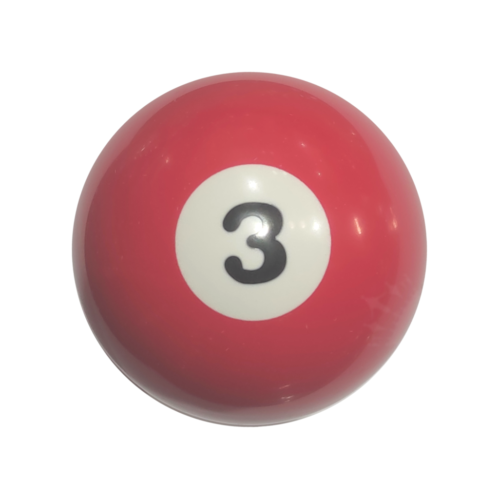 Três bolas de bilhar com números um, dois, três e o taco um
