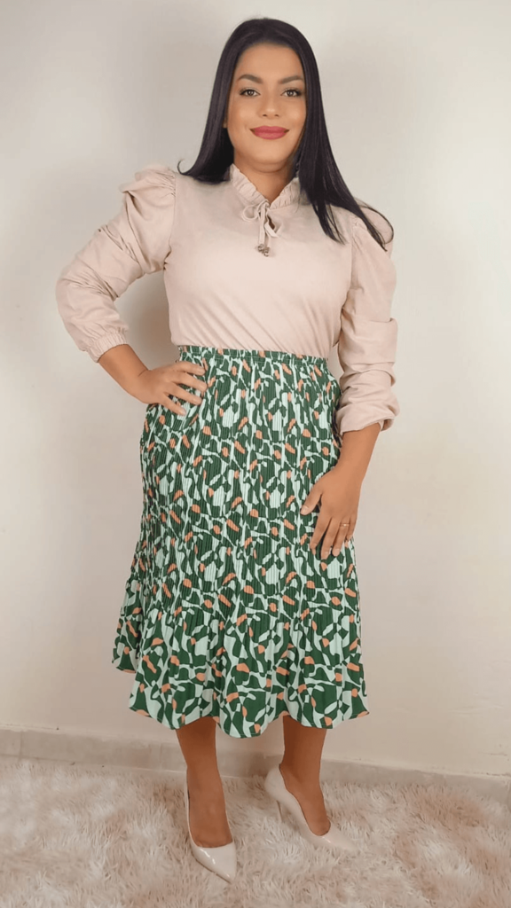 Saia Midi Ver o Animal Print Verde Mary Liz modas