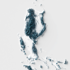 Relevo artístico das Filipinas, mostrando montanhas e detalhes geográficos em uma apresentação com ilusão tridimensional.